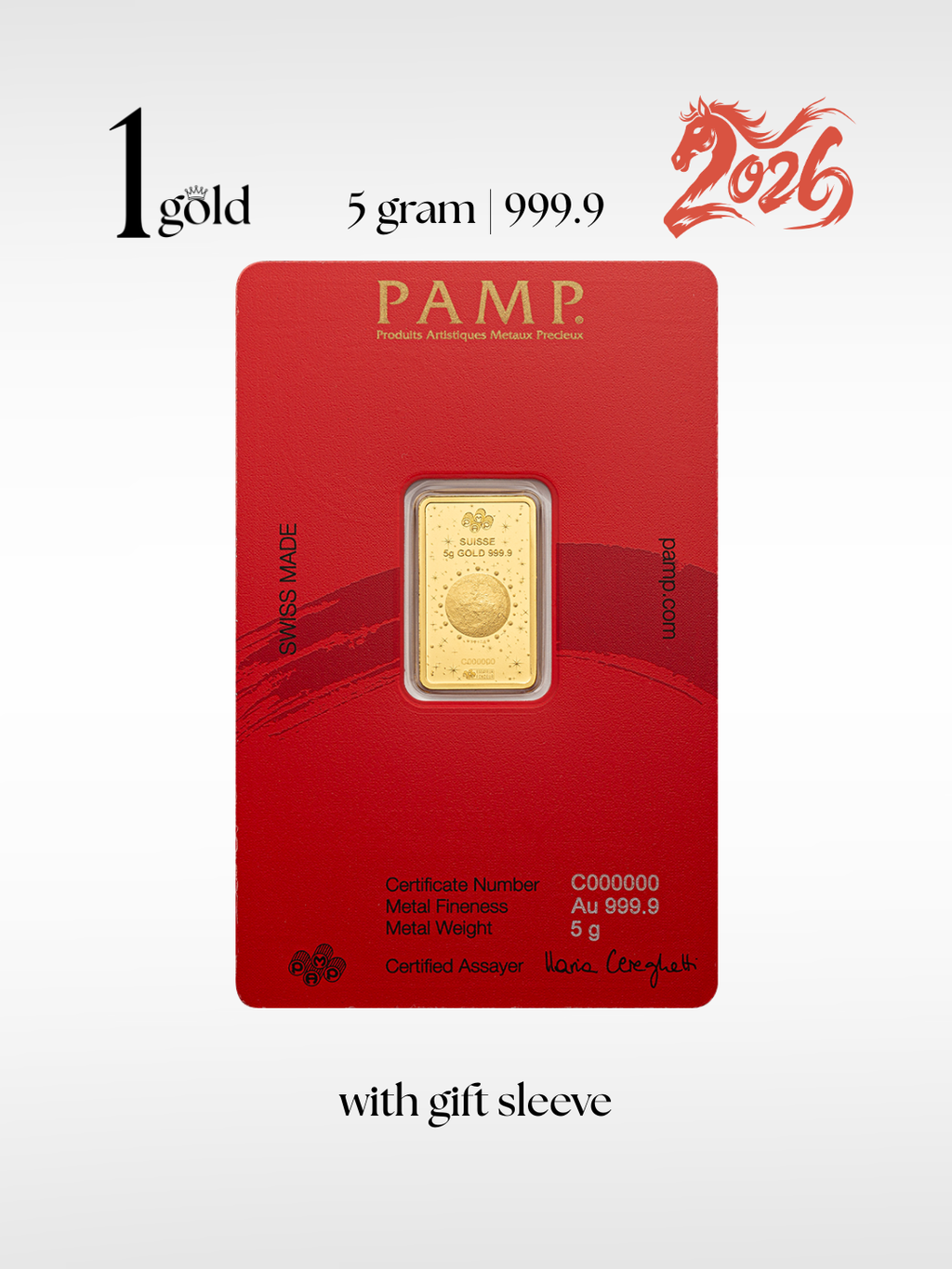 [5 gram] 2026 Horse Year Limited Edition 马年限量版 PAMP Gold Minted Bar (999.9) 1Gold Free Gift Sleeve