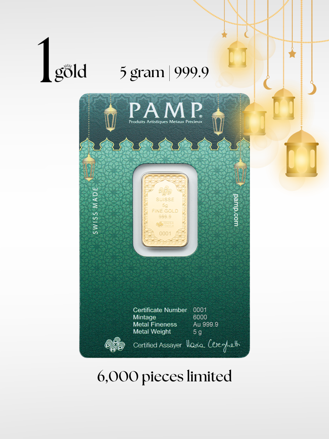 [5 gram] Eid Mubarak 2026 Limited Edition PAMP Gold Minted Bar (999.9) 1Gold Free Gift Sleeve