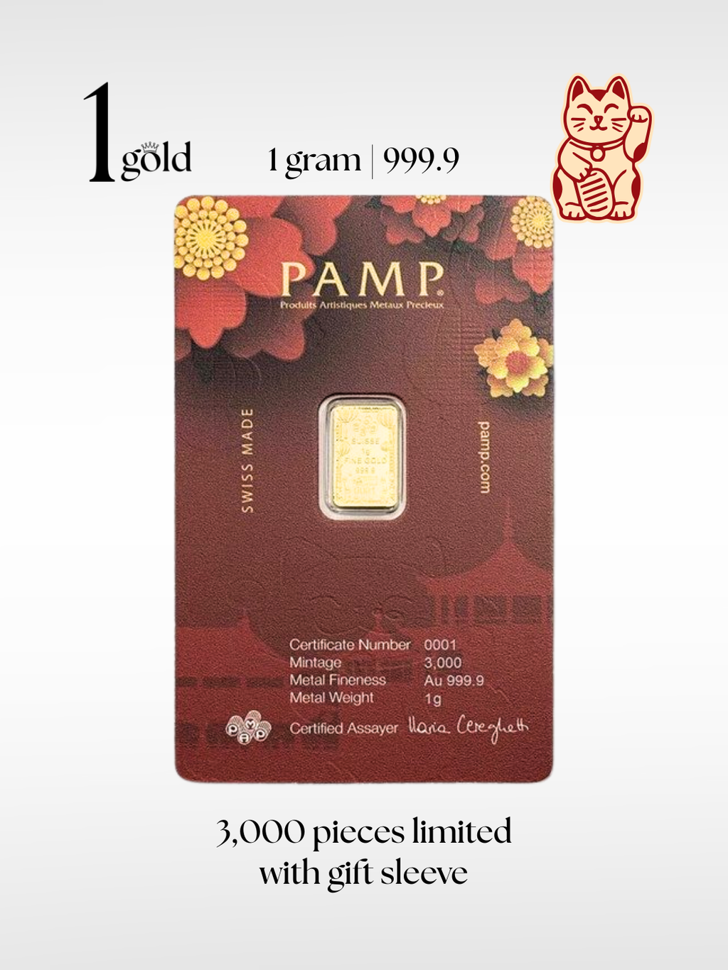 [1 gram] Lucky Cat 2023 Limited Edition 招财猫限量版 PAMP Gold Minted Bar (999.9) 1Gold Free Gift Sleeve
